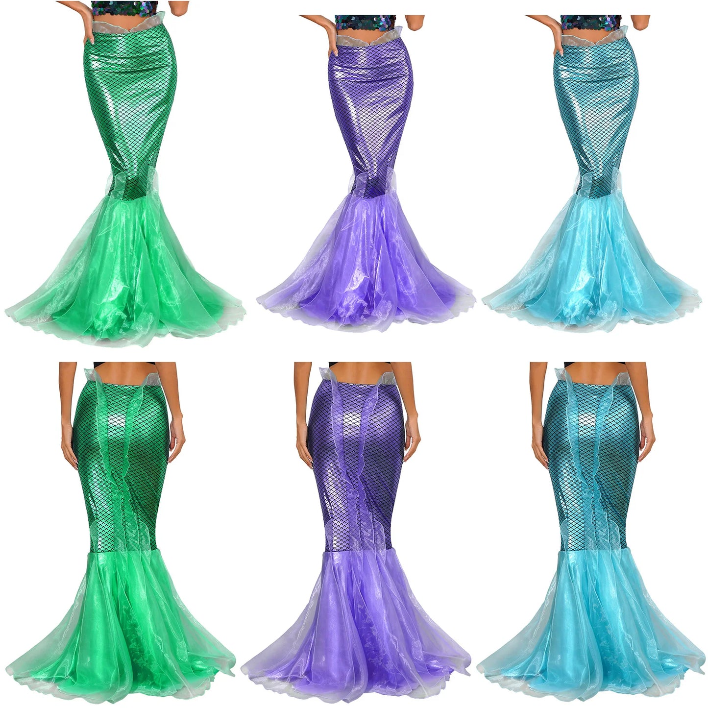 Womens Halloween Mermaid Maxi Skirt Cascading Tulle Fish Scale Print Shiny Fishtail Skirt Princess Cosplay Party Fancy Dress-Up
