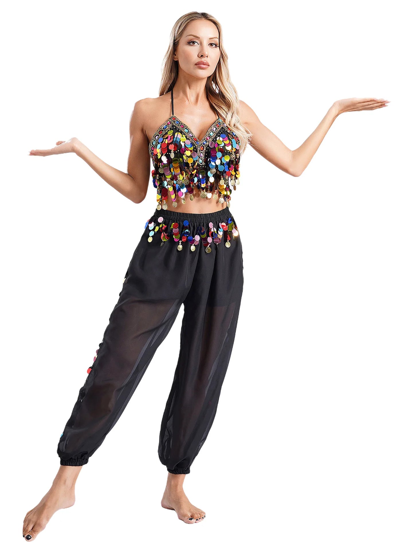 Damen Bauchtanz Outfit Pailletten Tops mit Harems hosen Halloween Kostüm Bollywood indischen Tanz Bühne Performance Kostüm