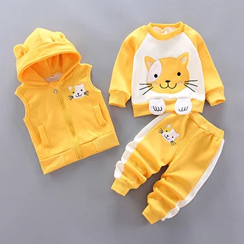 3 Stück süße Katze warm halten Mädchen Kleidung Herbst Jungen Kleidung Sets Kapuze Weste Mantel Hose Baby Anzüge 1-4 Jahre neue Kinder kleidung