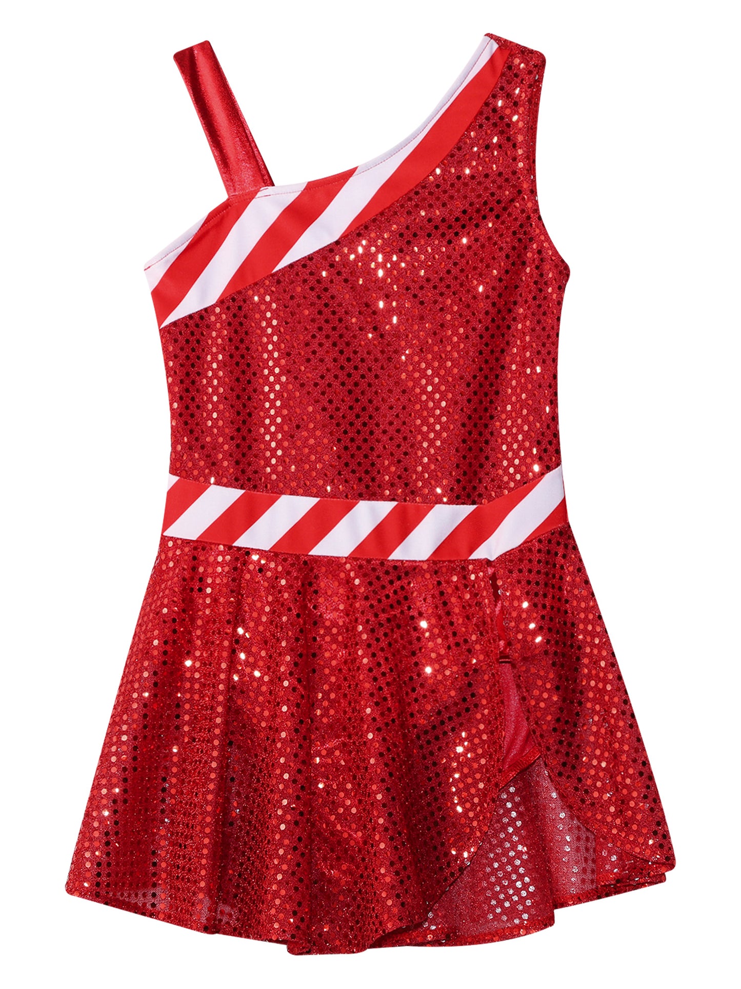 Kids Girls Shiny Sequins Christmas Dance Dresses Xmas Santa Claus Candy Cane Costume Figure Ice Skating Performance Dress