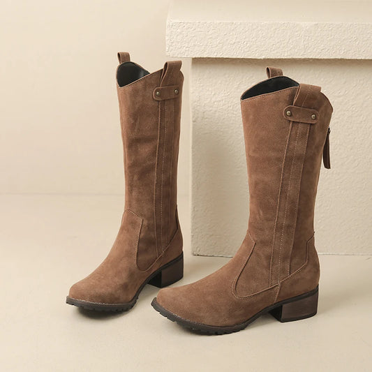 Plus Size bequeme matte Wildleder Stiefel ärmel Khaki Westerns tiefel Holzmaserung dicke Ferse Seite Reiß verschluss atmungsaktive innere Knies tiefel