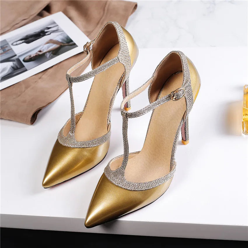 Sommer Frauen Pumps 10cm hohe dünne Ferse spitzen Zehen d'orsay Gold Silber Lack leder Party Büro Dame T-Riemen Stiletto Sandalen