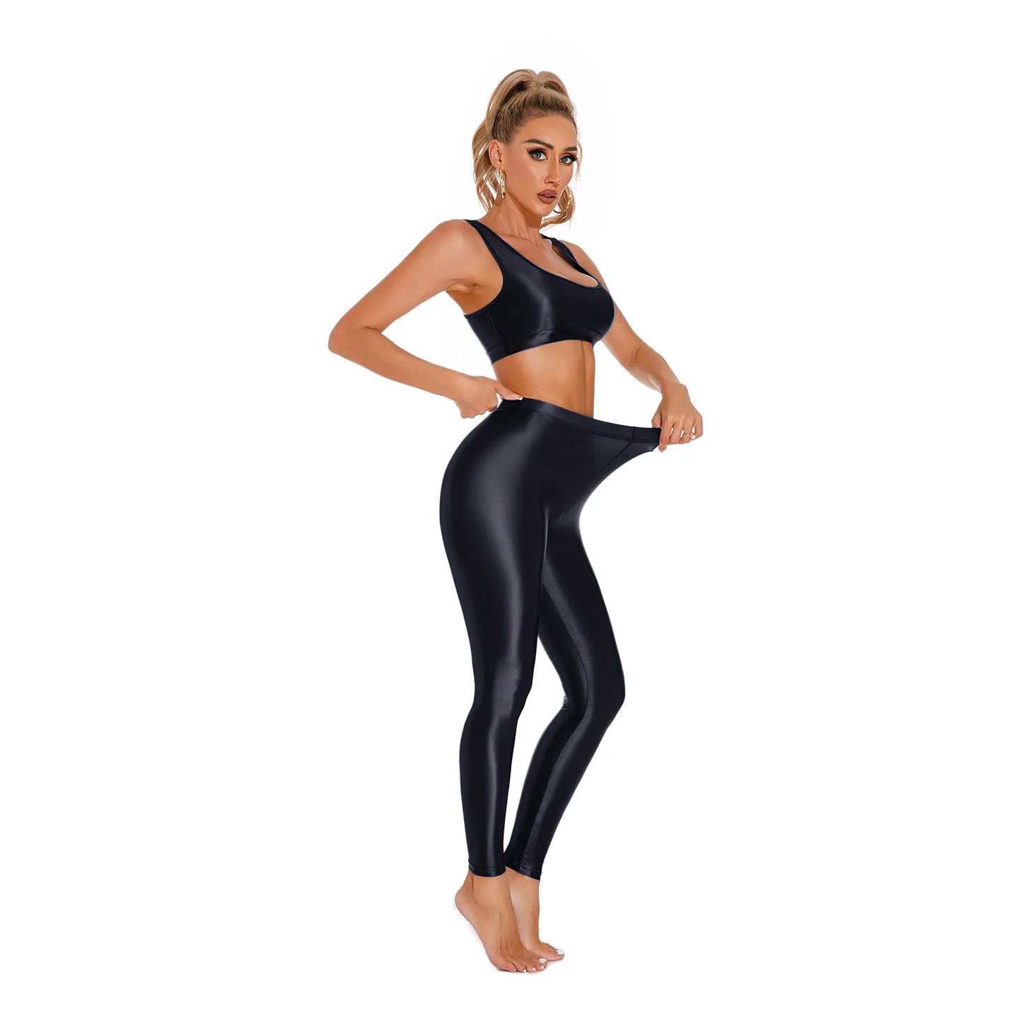 Damen glänzendes Öl ärmelloses U-Ausschnitt Racer back Crop Top mit Leggings für Tanz Yoga Sport Gym Fitness Übung Active wear