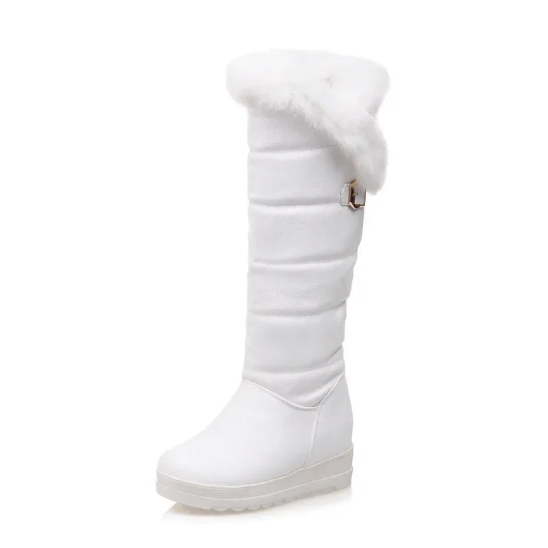 Rot Winter Frauen Warme Pelz Kniehohe Schnee Stiefel Rot Schwarz Dicken Plüsch Runde Kappe Schnalle Dame Höhe Zunehmende plattform Lange Stiefel