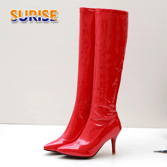 Winter Herbst Frauen Kniehohe Stiefel 8cm Dünne Spike Heels Red Patent Leder Sexy Party Club Spitz Zipper reiten Lange Stiefel