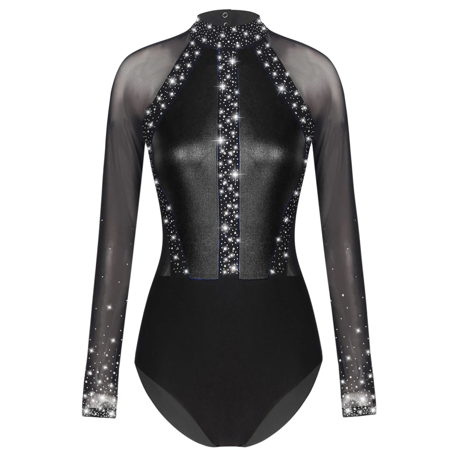 Funkelnde Strass steine für Damen Farb block Gymnastik Trikots Langarm Ballett Tanz Bodysuit Overall sportliche Tanz kleidung