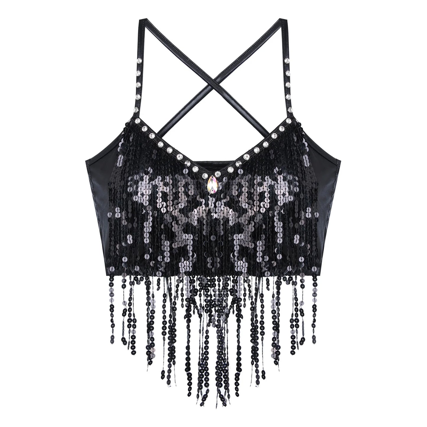 Womens Shiny Sequin Fringed Crop Top Rhinestone V Neck Sleeveless Vest Woman Sexy Camisole for Belly Dance Performance Costume
