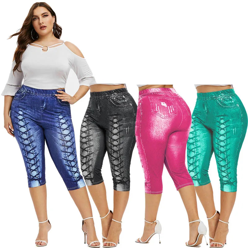 Ros gal plus Größe hohe Taille 3d Schnür druck Capri Leggings Frauen Frühling Sommer lässig Yoga Sport Bleistift Hose Mid-Calf Mujer