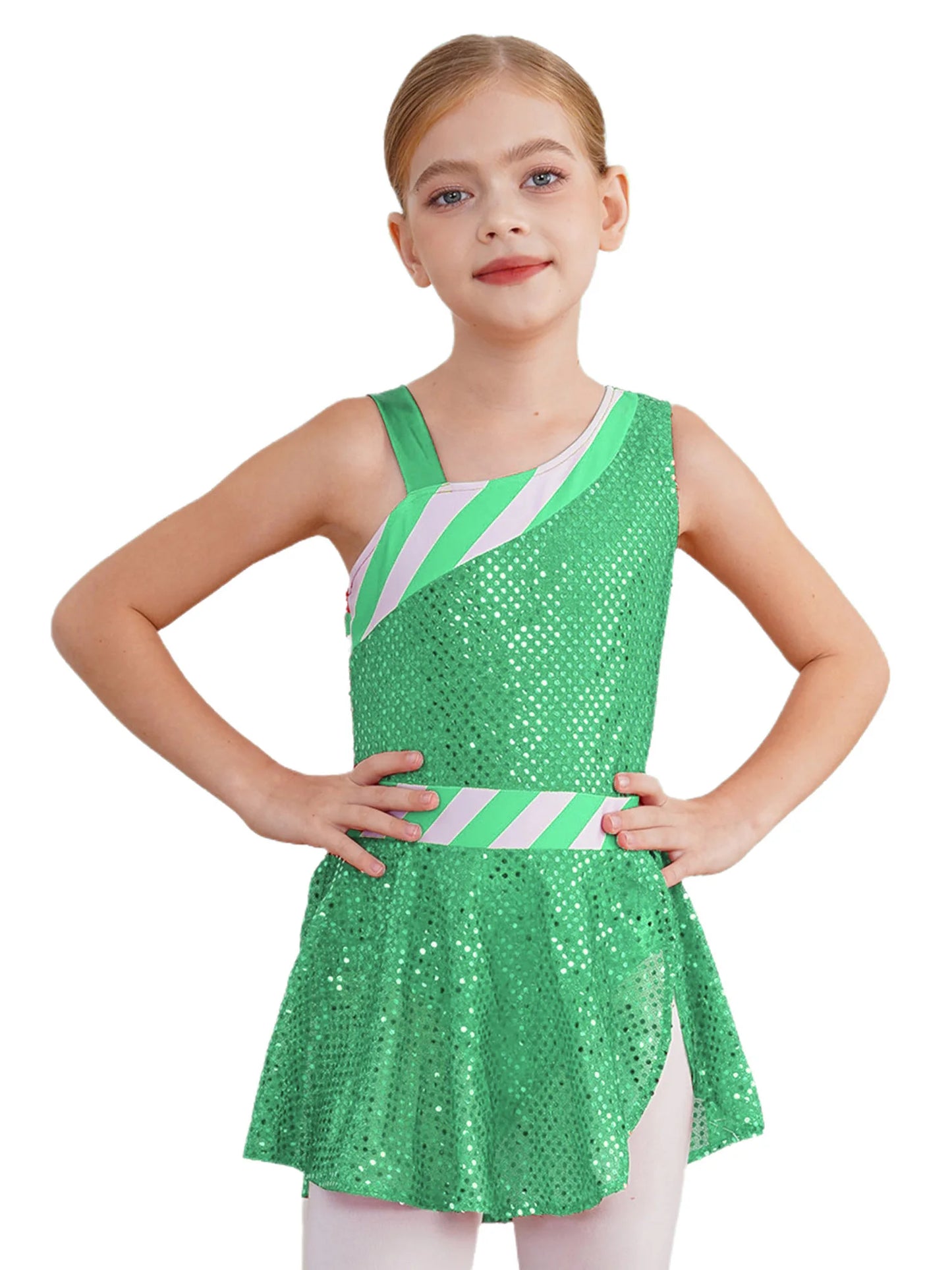 Kids Girls Shiny Sequins Christmas Dance Dresses Xmas Santa Claus Candy Cane Costume Figure Ice Skating Performance Dress