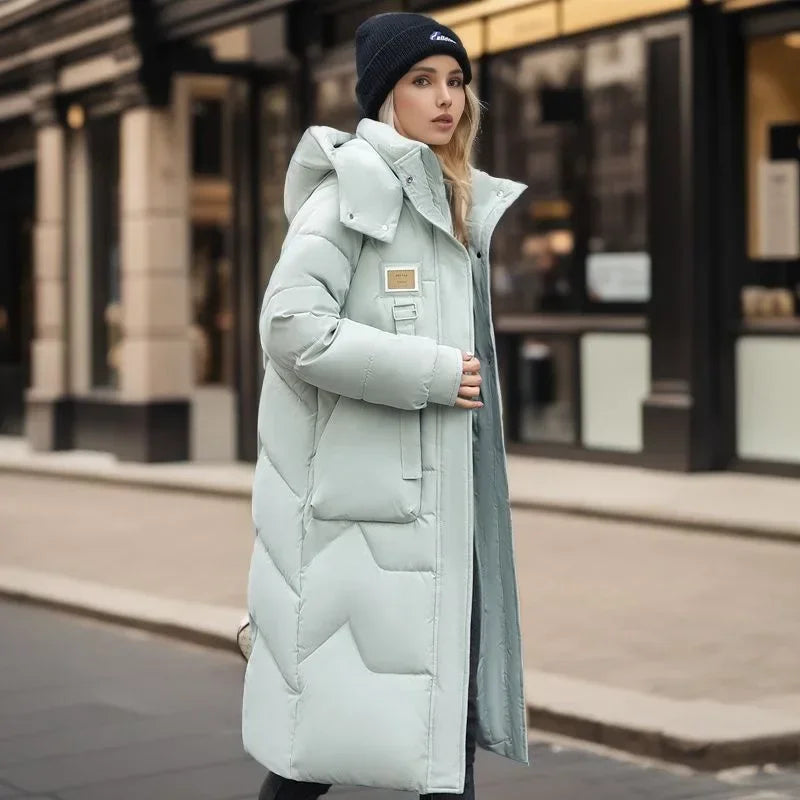 2024 Winter Parka Woman Long Jacket Hooded Thicken Loose Zipper Pockets Warm Snow Wear New Casual Female Down Cotton Padded Coat