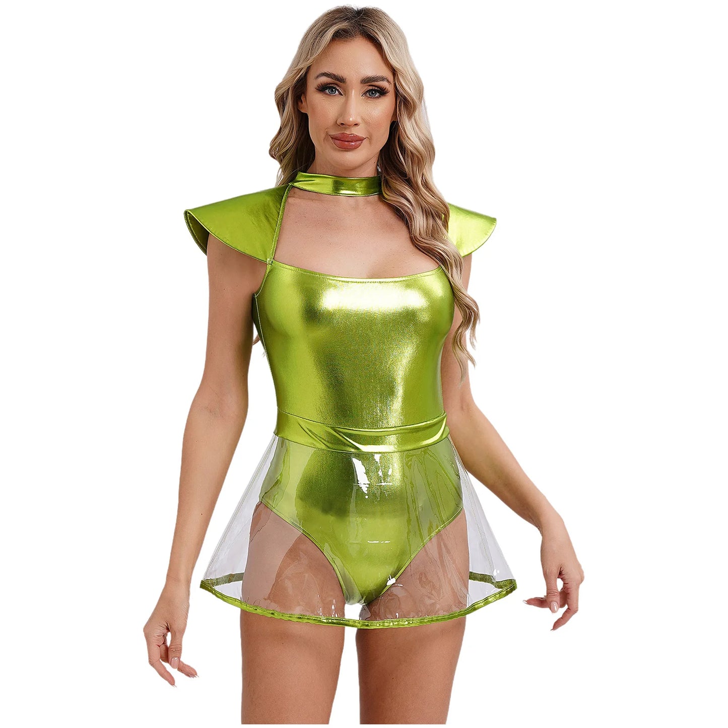 Frauen Weltraum Alien Kostüm Metallic Ausschnitt Rock Trikot Bodysuit außer irdische Halloween Cosplay Party verkleiden