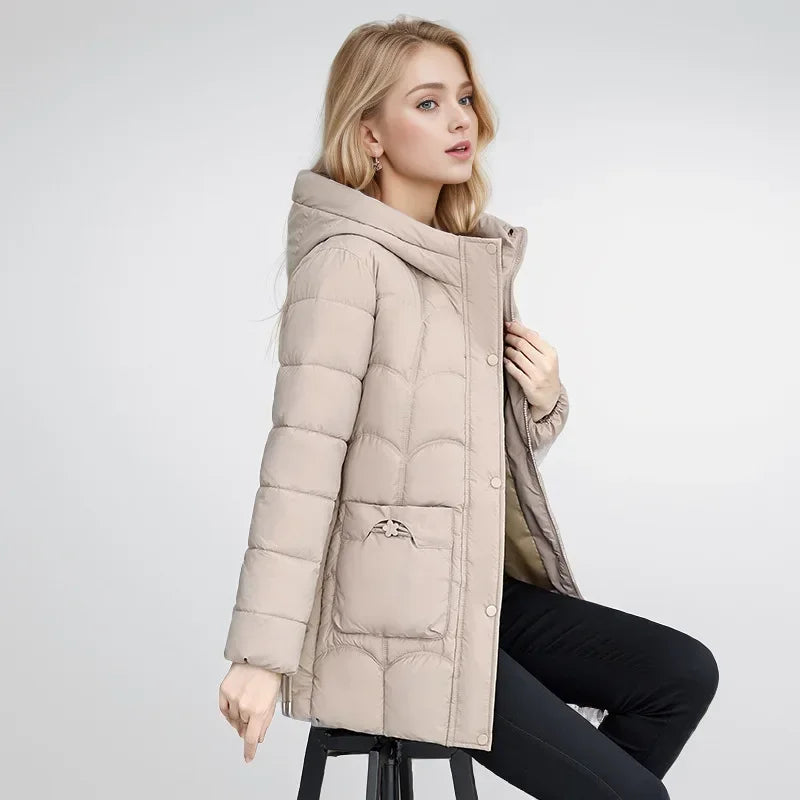 2024 Winter Damen Daunen Baumwolle warme Mäntel neue stilvolle Midi-Länge Kapuze leichte gepolsterte Parkas Taschen lose Jacke weiblich