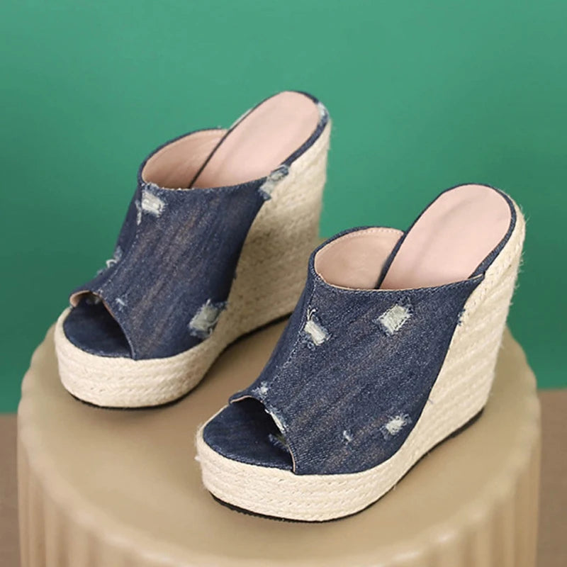 Liyke Summer Blue Denim Women Wedge Heels Platform Slippers Fashion Peep Toe Super High Mules Slides Shoes Ladies Sandals Casual