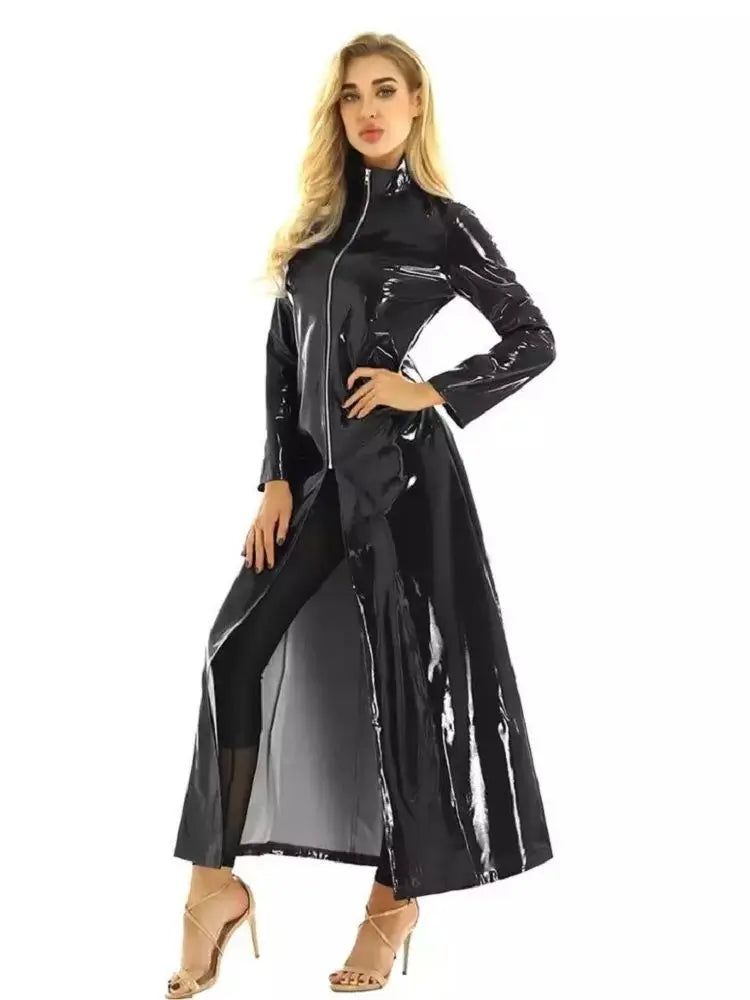 Long Sleeve Wet Look PVC Long Cape Coat Shiny PU Leather High Split Windbreaker Cloak Tight Cosplay Stage Costume Sexy Outerwear