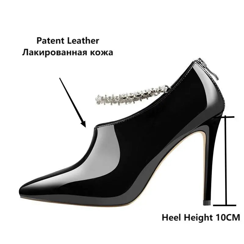 Onlymaker Frauen Spitz Strass Kette Schwarz Patent Leder Thin High Heel Sexy Stiletto Stiefel