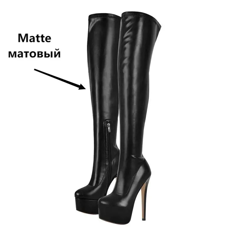 Only maker Frauen schwarz über dem Knie Stiefel Lack leder dünne High Heel Reiß verschluss weibliche Winter sexy Lady Stiefel