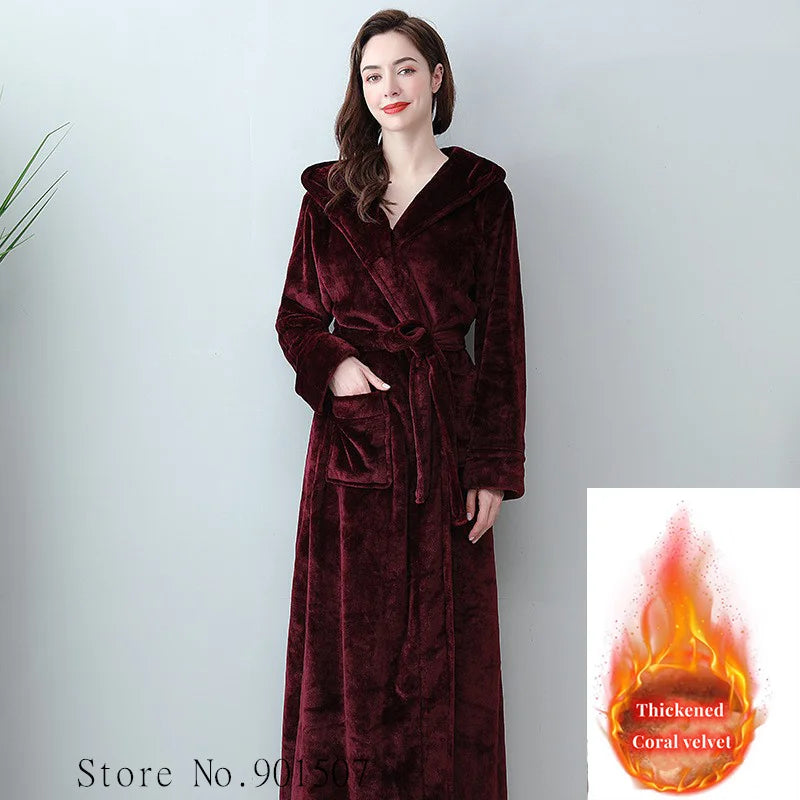 Extra lange Winter Korallen Fleece Bademantel Frauen Kapuze warme Kimono Bademantel gemütliche Kimono Dusch roben lose Peignoirs Nachthemd