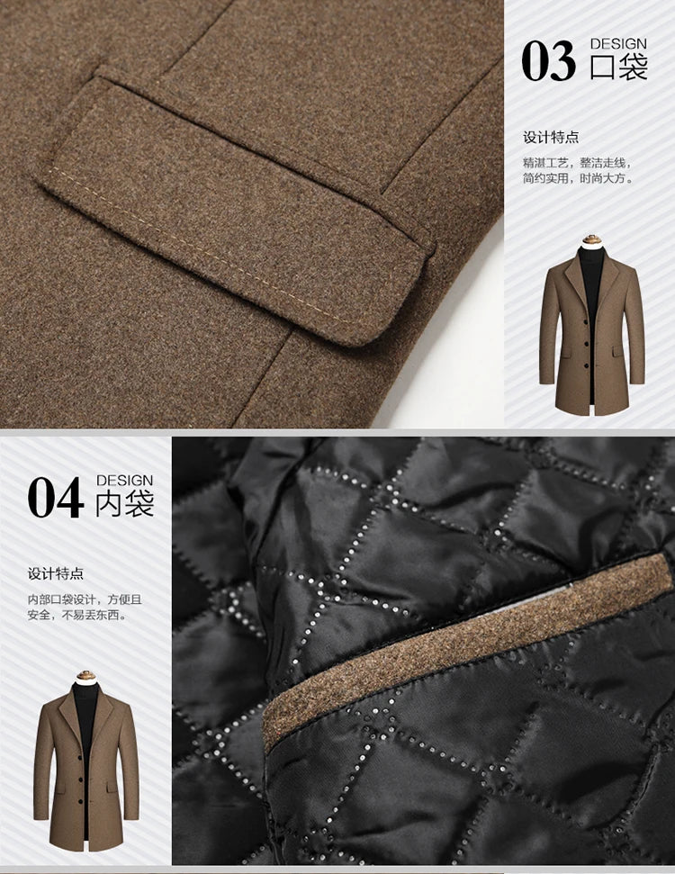 Herbst und Winter High-End-Marke Boutique Warme Woll Business Casual Woolen Langen Mantel Männliche Woo Jacke Grau Schwarz Kamel