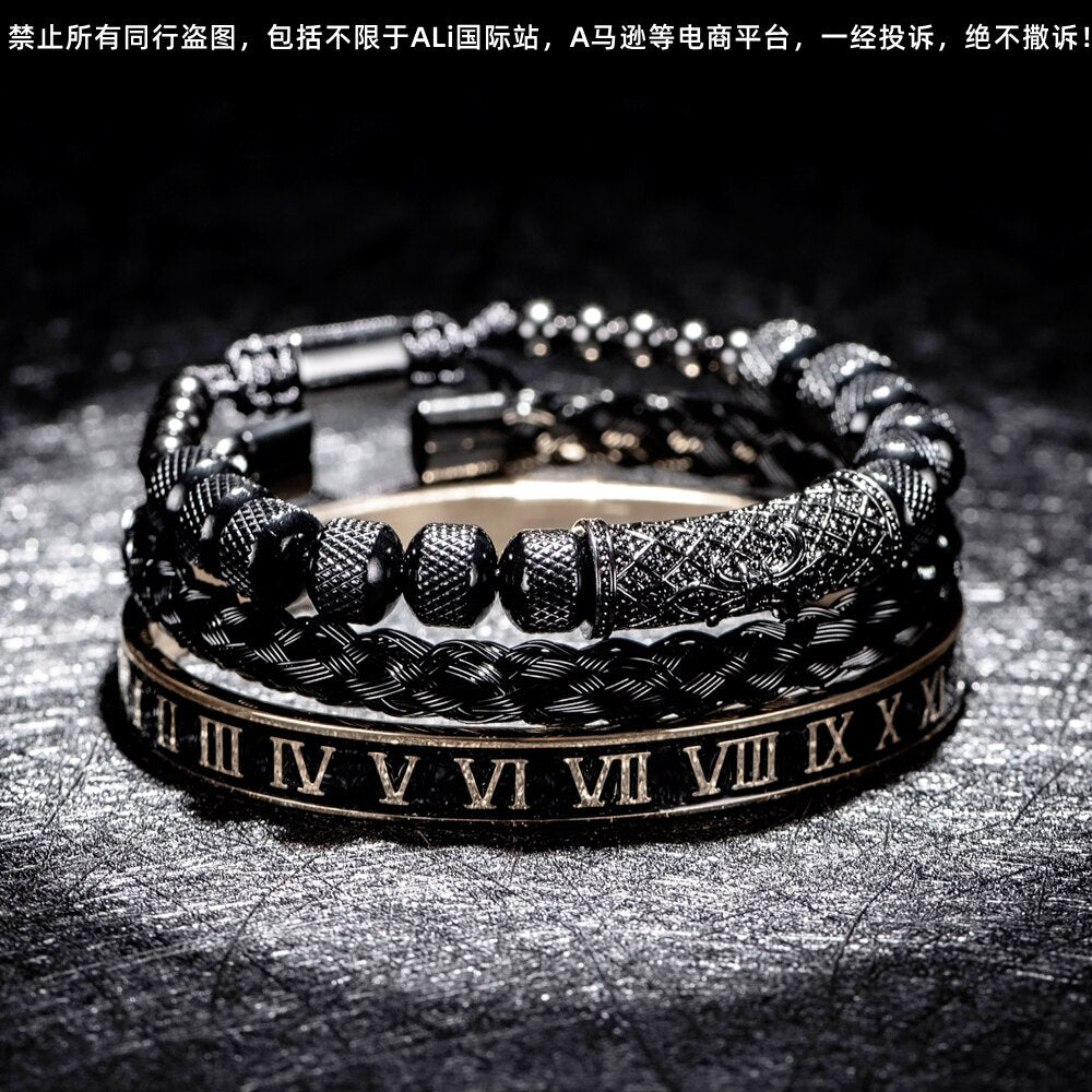 Luxury 3pcs/Set Flower Cross Charm Gold Bangles Stainless Steel Bracelet Men Enamel Roman Number Europe Fashion Jewelry Gift