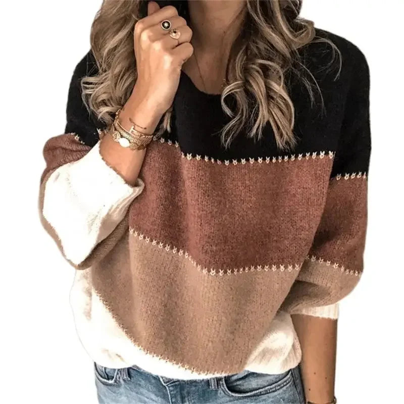 Herbst Winter Warme Farbe Blockieren Pullover Frauen Neue Laterne Langarm Strickwaren O Neck Jumper Weibliche Beiläufige Lose Gestrickte Tops