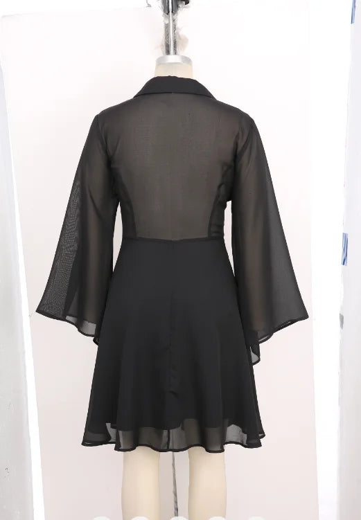 Rosegal Gothic Kleider Flare Ärmel Turn-Down Kragen Kreuz halben Reiß verschluss Spitzen besatz geschichtet Pu Panel Korsett Chiffon Kleid schwarz