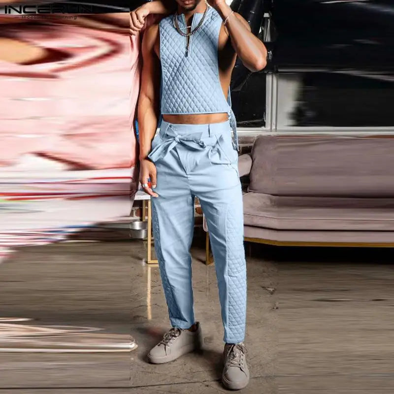 INCERUN Men Sets Patchwork O-neck Sleeveless Zipper Tank Tops & Lace Up Pants 2PCS Streetwear 2024 Fashion Men's Casual Suits