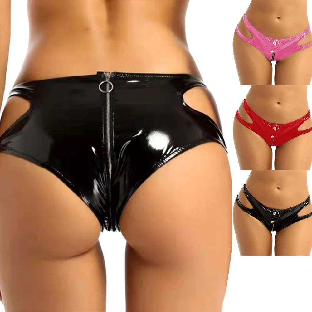 Frauen sexy o Ring Reiß verschluss Schritt Leder Slips Low Rise Latex Wetlook Leder Slips Unterwäsche Rave Clubwear Performance Kostüm