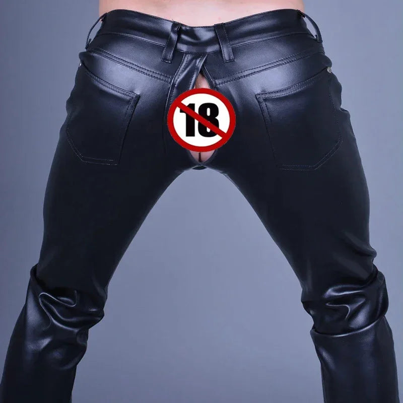 Herren schwarz matt Faux Latex Spleißen Pu Reiß verschluss offenen Schritt gerade Hose männlich exotische Lederhose lässig Unterhaltung benutzer definierte