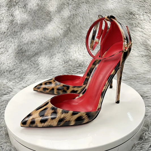 New sexy leopard print 12cm 10cm 8cm thin high heel pointed toe side empty plus dating  women pumps Baotou hollow sandals