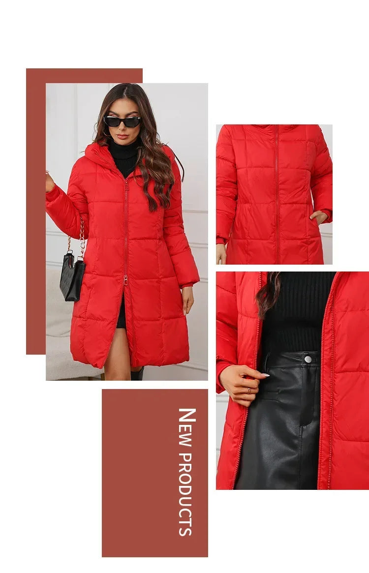 2024 neue Winter Frauen Lange Parkas Taschen Dicke Warme Mit Kapuze Unten Baumwolle Mantel Weibliche Lose Puffer Jacken Winddicht Schnee Mantel