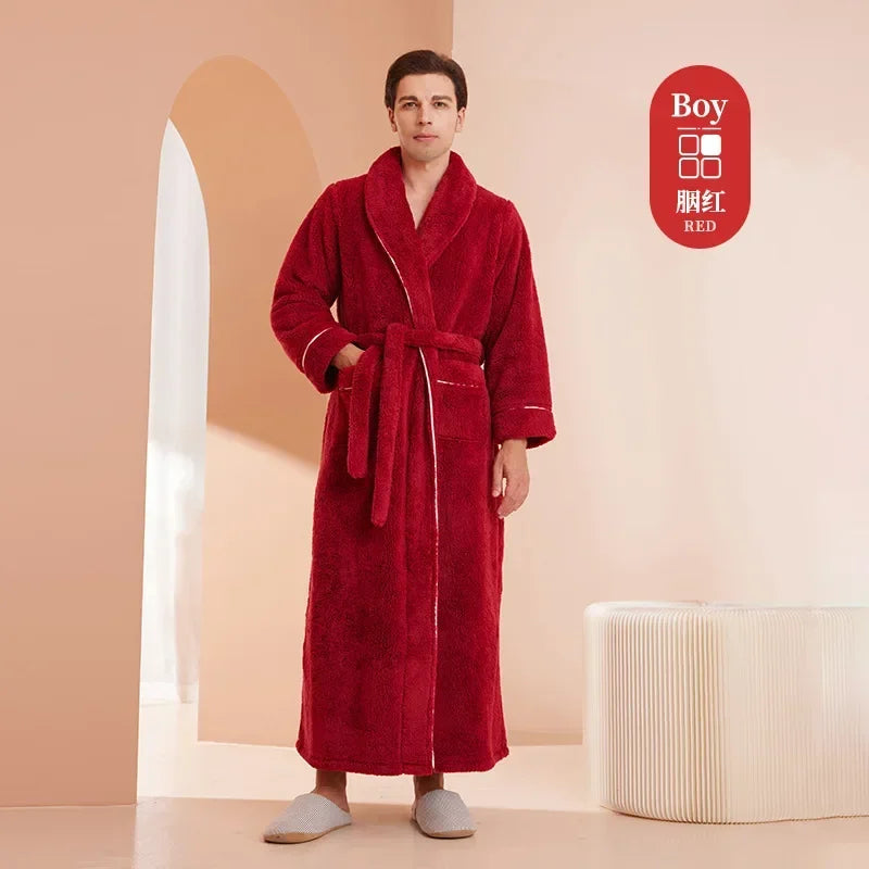 Doppelseitige Verdicken Flanell Herbst Winter Korallen Fleece Paar Lange Robe Hause Kleidung Lange Bademantel Nachtwäsche Lose Loungewear