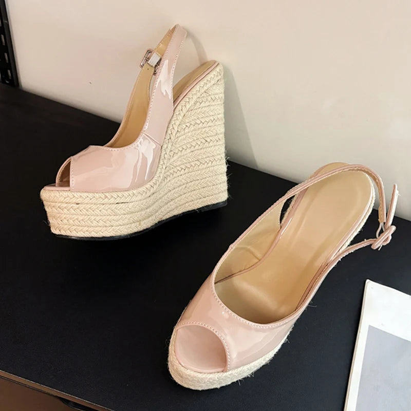 Liyke Sommer Mode Peep Toe Keile Sandalen Frauen Handgemachte Stroh Seil Weben Dicken Boden Plattform High Heels Damen Schuhe Pumpen