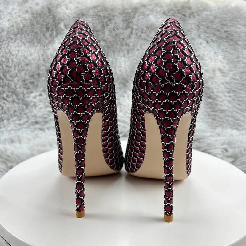 NoEnName_Null-2023 High Heeled  ,Women's  Shoe Woman Sexy Rhinestone Lace Heels,Pointed toe claret sexy 12cm