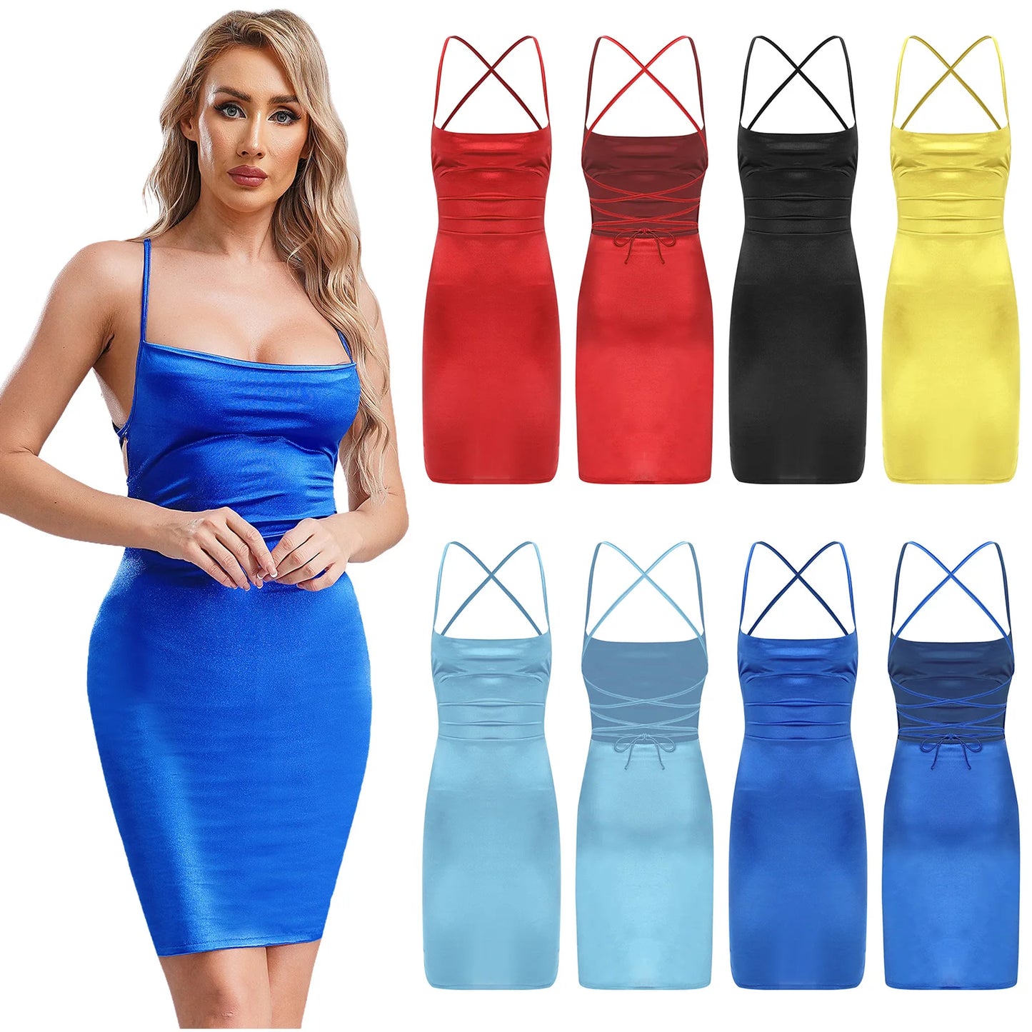 Frauen glänzend kreuz und quer zurück Bodycon Kleid seidig Cocktail Party Kleid Ballsaal Rave Party Club Dance wear sexy Babydoll Kleider