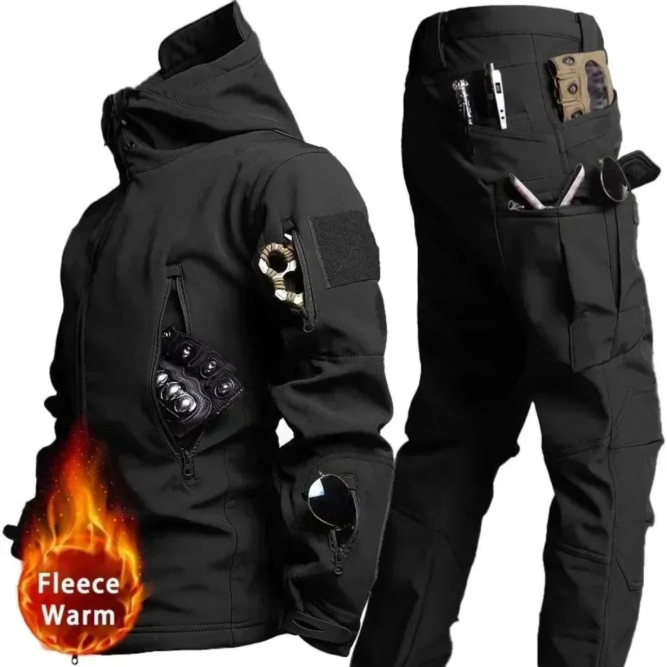 Winter Thicken Men Camo Suit Waterproof Tactical Training Set Multi-pocket Hooded Jacket Fleece Pants Outdoor Hunting 2-piece