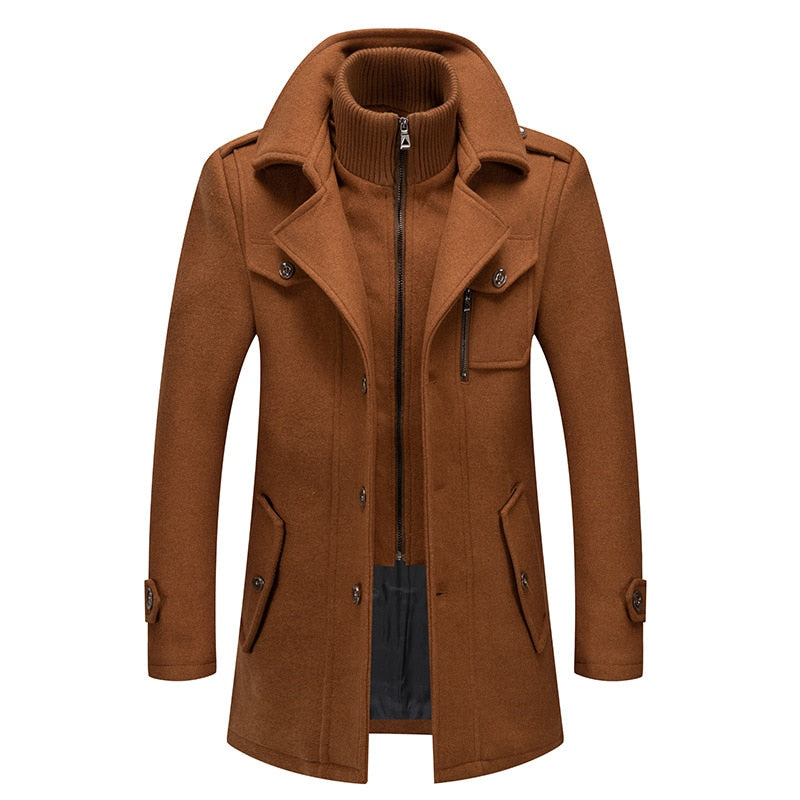 New Winter Mens Wool Blends Coats Solid Color Thick Warm Woolen Overcoat Double Neck Trench Coat Men Single Breasted Windbreaker