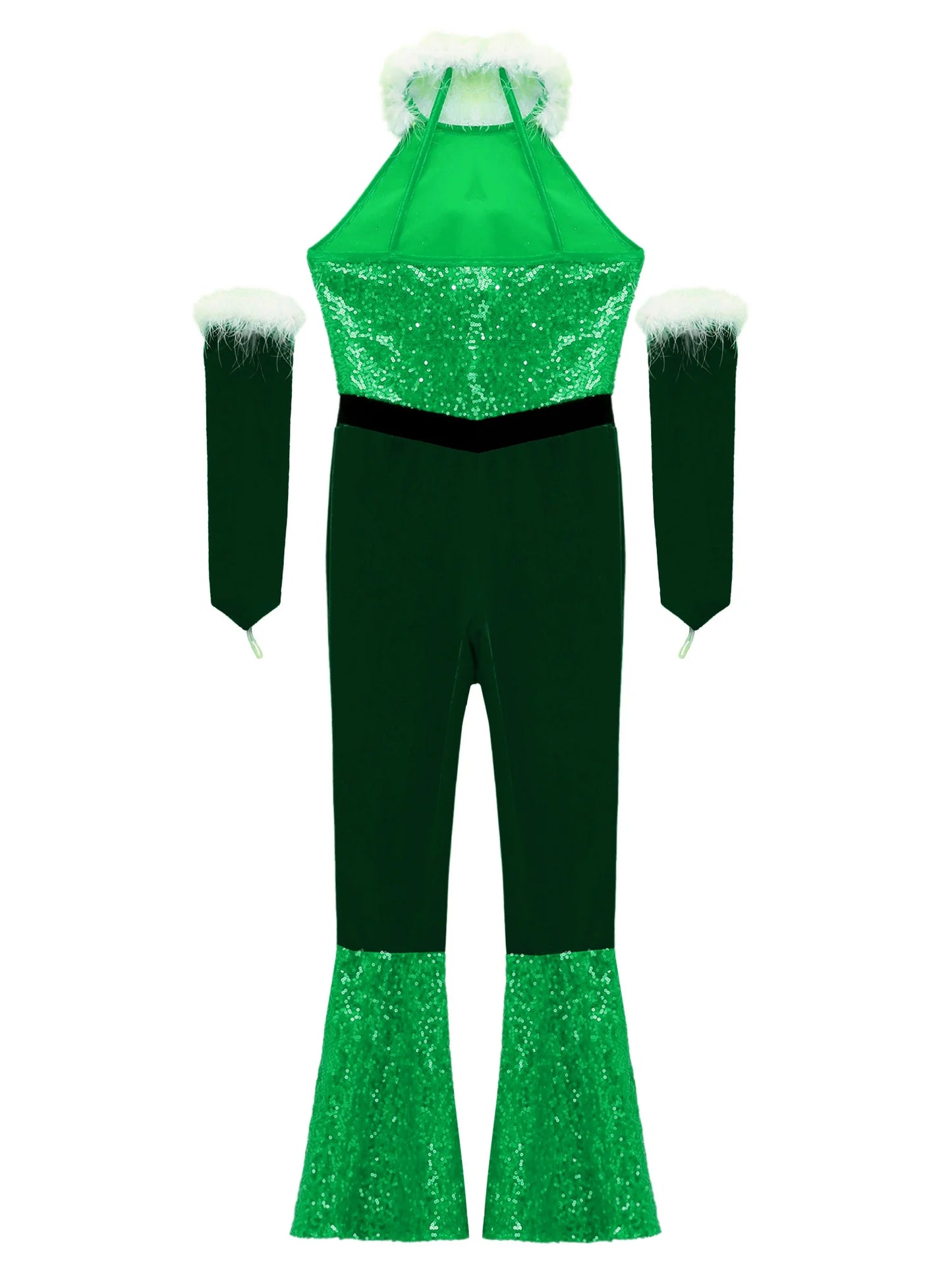 Girls Christmas Costume Santa Claus Velvet Sequins Bell Bottoms Jumpsuit with Arm Sleeve Merry Xmas Holiday Festive Outfits