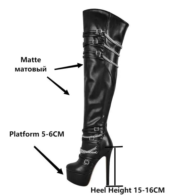 Only maker Frauen über dem Knie Stiefel dünne High Heel Dame schwarz Metall kette Dekoration Reiß verschluss weibliche Winter Plattform Stiefel