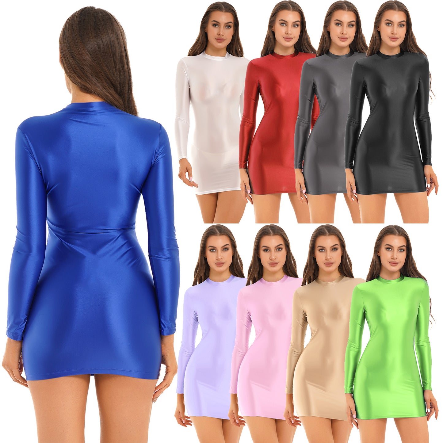 Frauen Sexy Bodycon Kleider Öl Glänzenden Glänzend Langarm Slim Fit Mini Bleistift Kleid Nachtclub Bar Rave Party Babes Clubwear