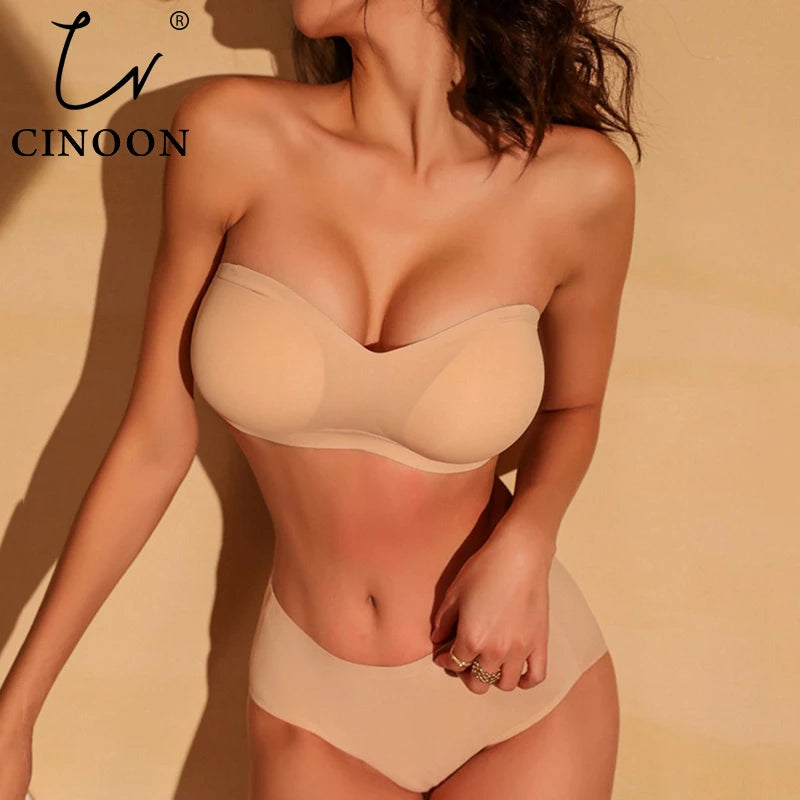 CINOON Sexy Seamless Women Bra Set Push Up Lingerie Strapless Underwear Set Thin/Middle/Thick Mold Cup Bra French Bralette Set