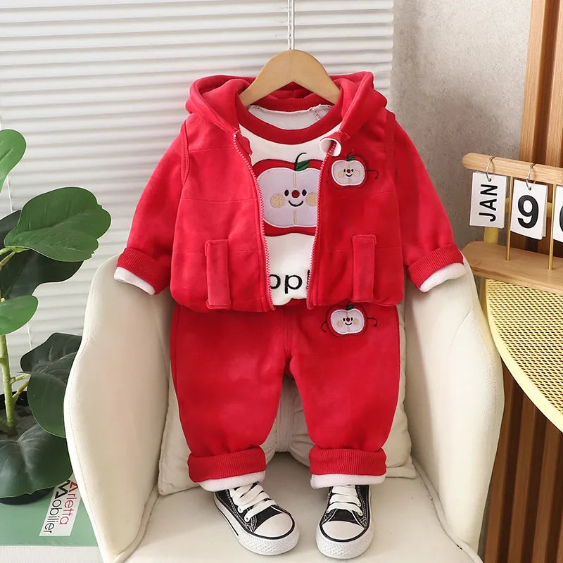 Neue Herbst Winter Baby Kleidung Sets Nette Cartoon Warm Halten Top + Weste + Hosen Mädchen Prinzessin Anzug Geburtstag Geschenke kinder Kleiden