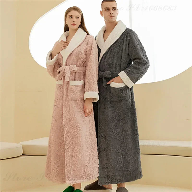 Luxus Dicke Paar Nachtwäsche Herbst Winter Flanell Robe Kimono Bademantel Kleid Hause Kleidung Lose Beiläufige Korallen Fleece Lounge Tragen