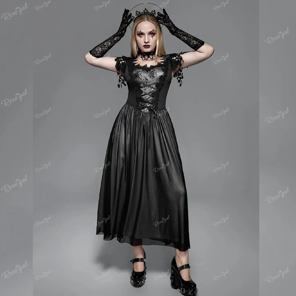 Ros gal plus Größe Gothic Lace Panel Mesh Quasten Schnür Maxi kleid Frauen Sommer langes Kleid schwarz Korsett Party kleid Vestidos