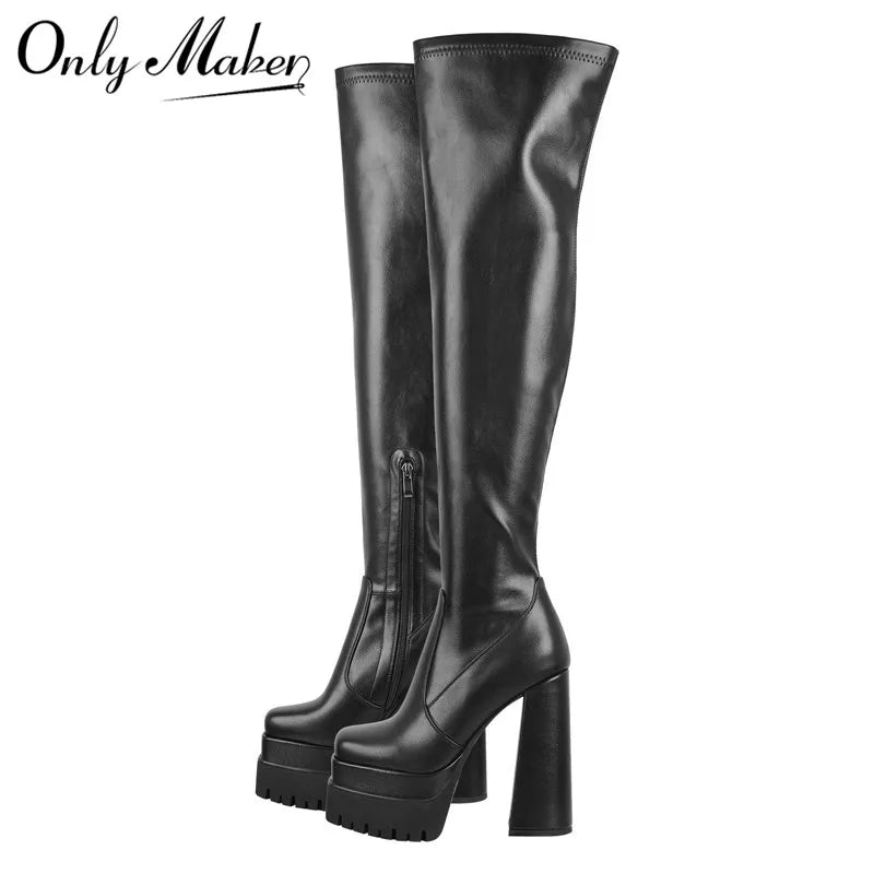 Onlymaker Über Das Knie Stiefel Frauen Schwarz Mate Dicken Plattform High Heels Seite Zipper Punk Stil Karree Mode Party stiefel