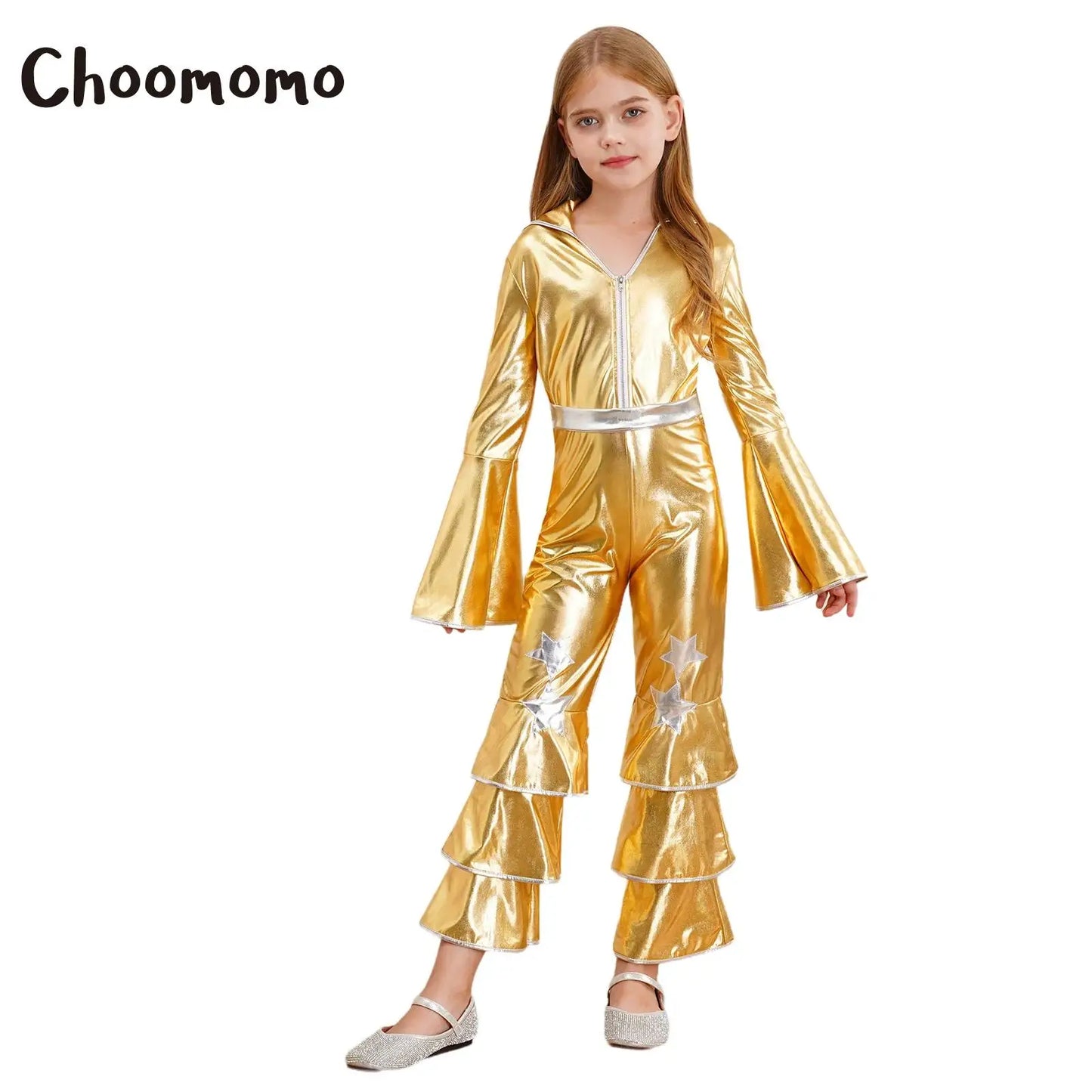 Kids Girls 70s 80s Disco Costume Metallic Flare Sleeve Ruffle Bell Bottom Jumpsuit Halloween Cosplay Funky Dancing Bodysuit