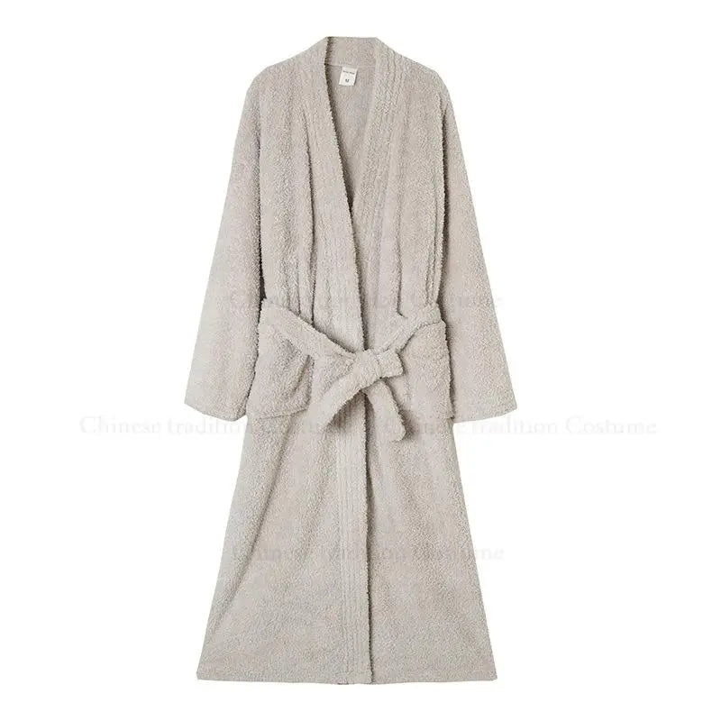 Verdickte warme Fleece-Duschroben, langer Kimono-Bademantel für Herren, lockere Nachtwäsche, Paar-Peignoir-Kleid mit Tasche, weiche Loungewear