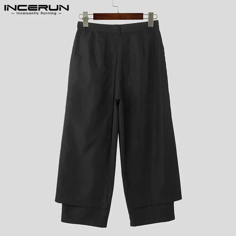 INCERUN Men Irregular Pants Solid Color Joggers Loose Button Pleated Casual Wide Leg Trousers Men Streetwear 2024 Fashion Pants
