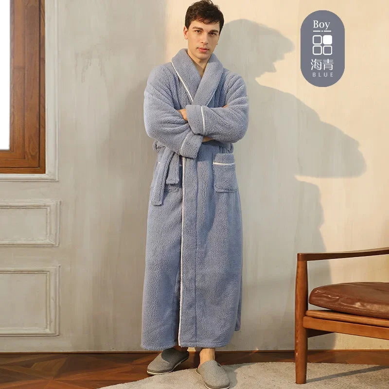 Doppelseitige Verdicken Flanell Herbst Winter Korallen Fleece Paar Lange Robe Hause Kleidung Lange Bademantel Nachtwäsche Lose Loungewear