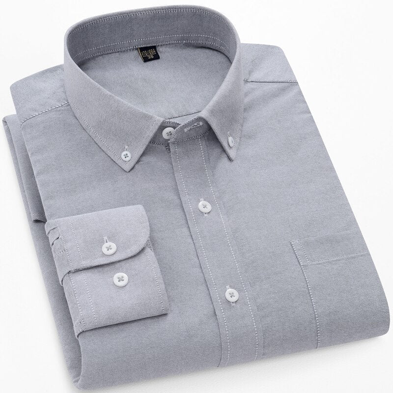 Men&#39;s Long Sleeve Casual Solid Oxford Heavy Cotton Shirt Single Patch Pocket Comfortable Standard-fit Button-down Work Shirts