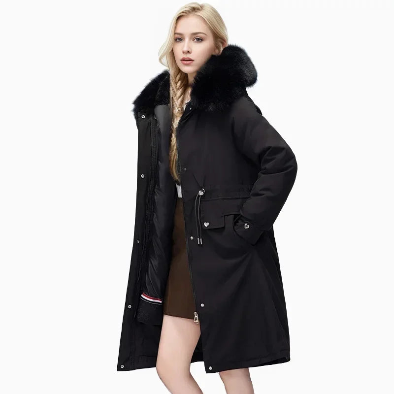 2024 neue Winter Frauen Parka Kleidung lose lange Mantel Wolle Liner Kapuze Daunen Baumwoll jacke Pelz kragen dicken warmen Schnee tragen gepolstert